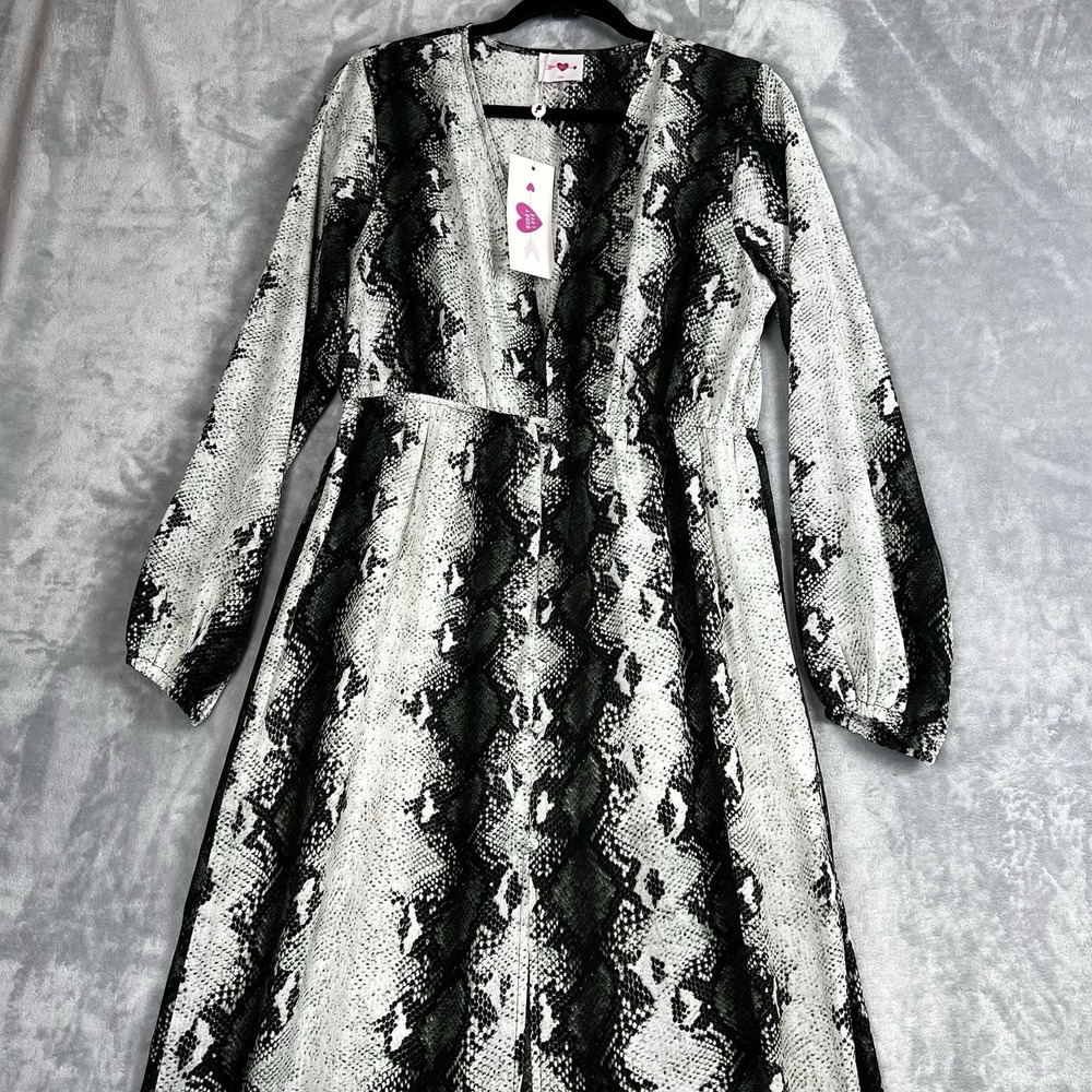 Buddy Love Snakeskin Print Maxi Dress Grey Black V-Neck Long Sleeve Slit Large - Picture 5 of 16
